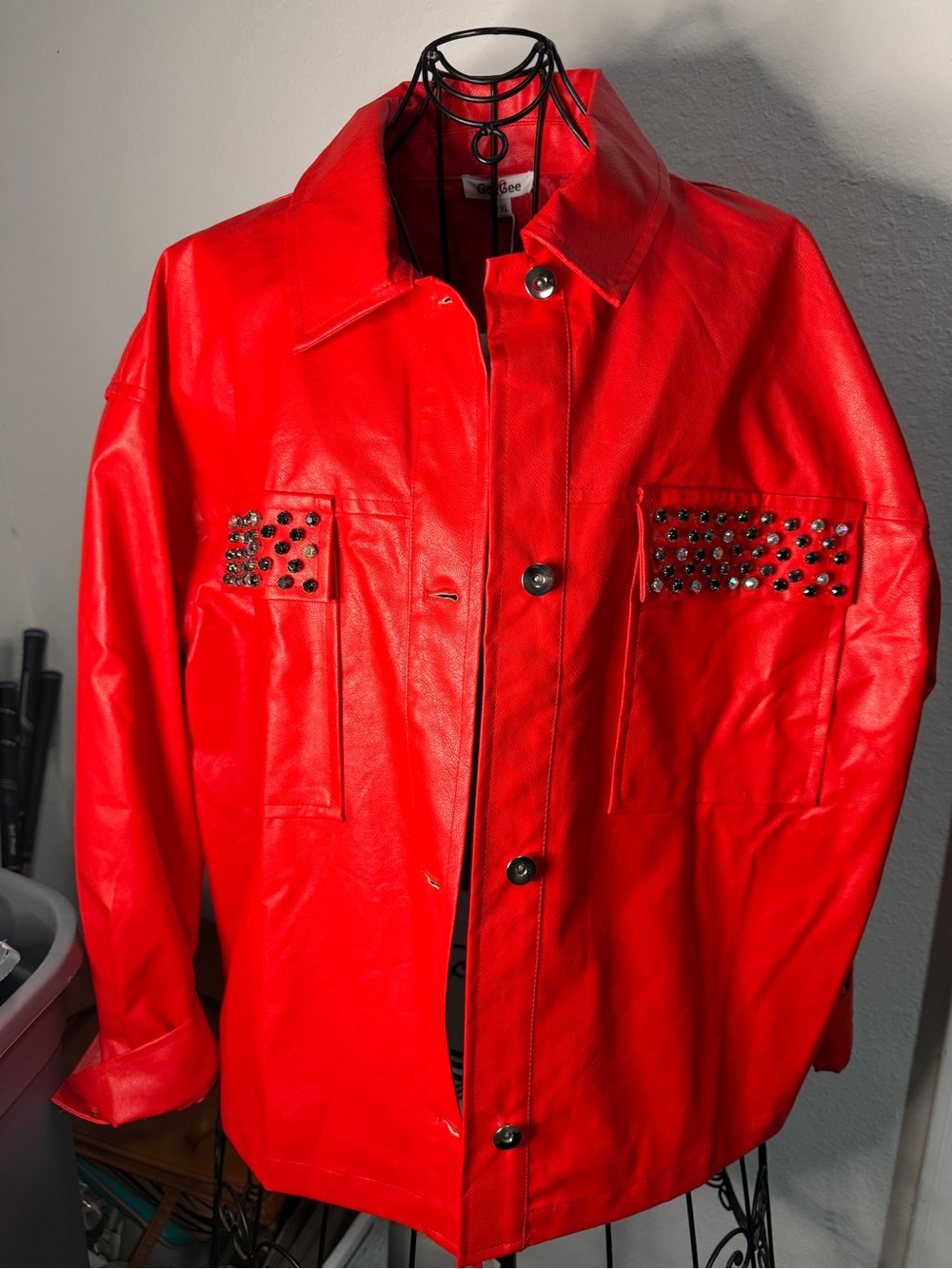 Red Studded Faux-Leather Bomber Jacket - Unbranded
